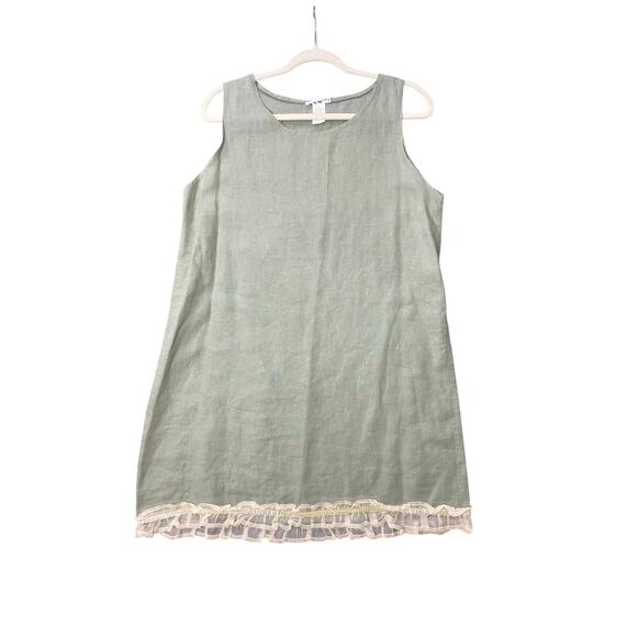 Nola True Dresses & Skirts - Y2K Vintage 100% Linen Sage Green & Cream Lace Knee Length Tent Dress Large